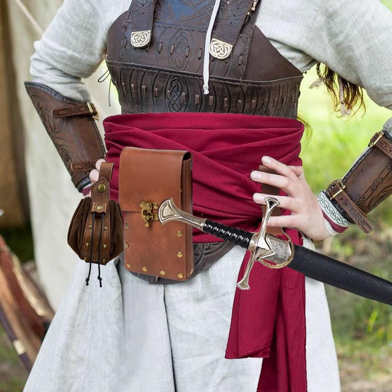 KOTORA Renaissance Belt Pouch Coin Purse Skirt Hike Set Medieval Festival Costume Halloween Accessories Casual Fanny Pack Waist Bag (4p-brown) - Image 3